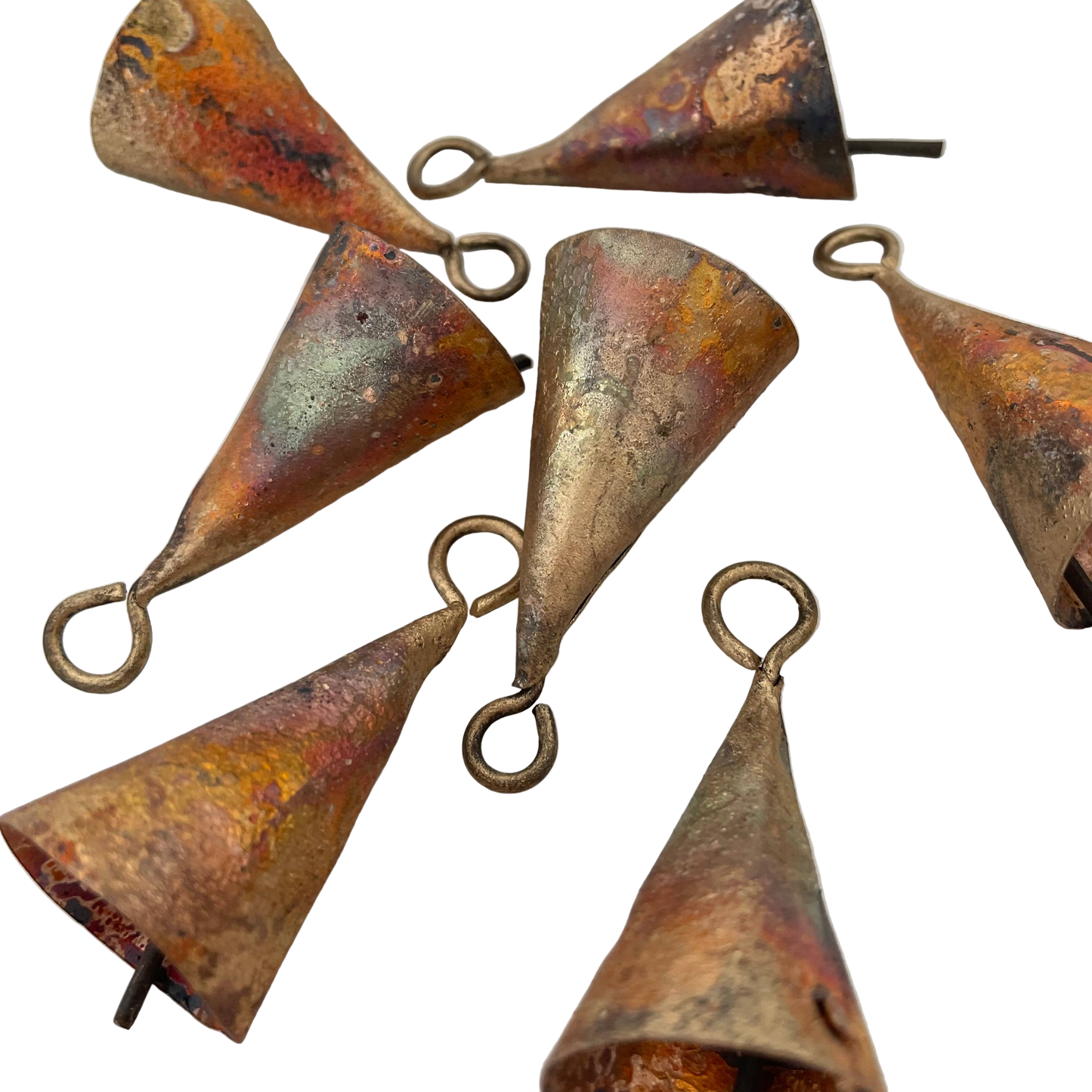 Rustic tin cone shaped brass bell jute holiday garland