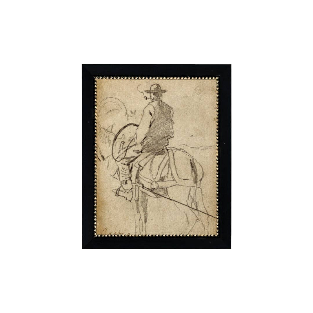 Man Riding a Horse Framed Antique Art: 7x9
