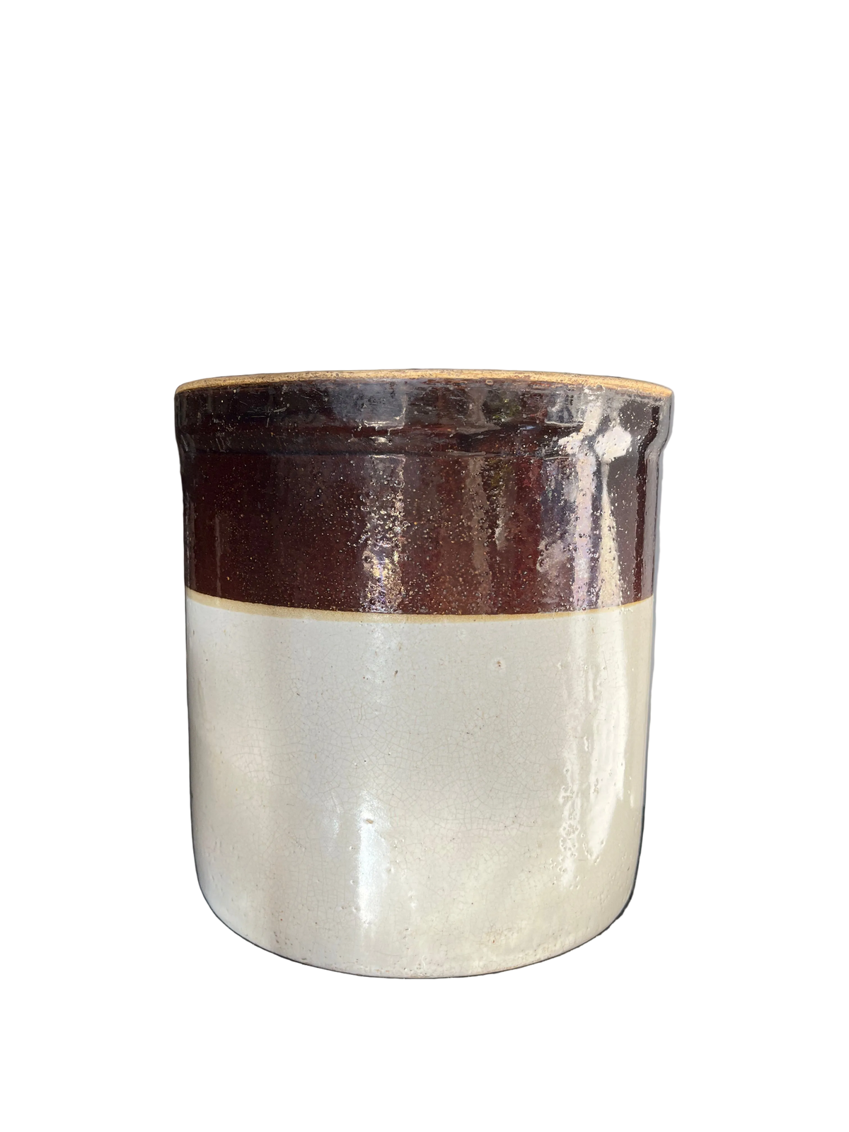 Antique 2 gallon stoneware crock with glazed finish for rustic kitchen décor
