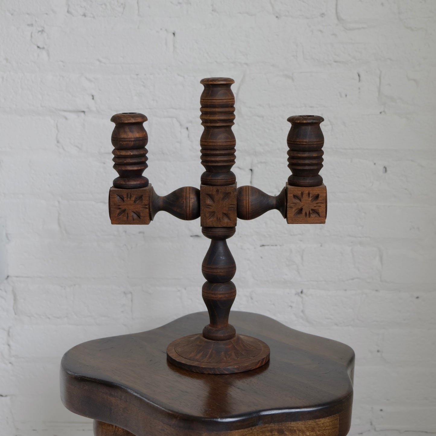 Hand-carved Wooden 3-Armed Candelabra | Vintage
