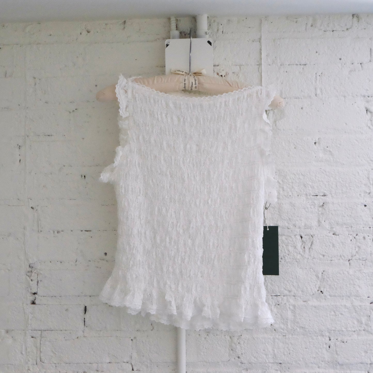 Smocked Lace Trim Sleeveless Top - White