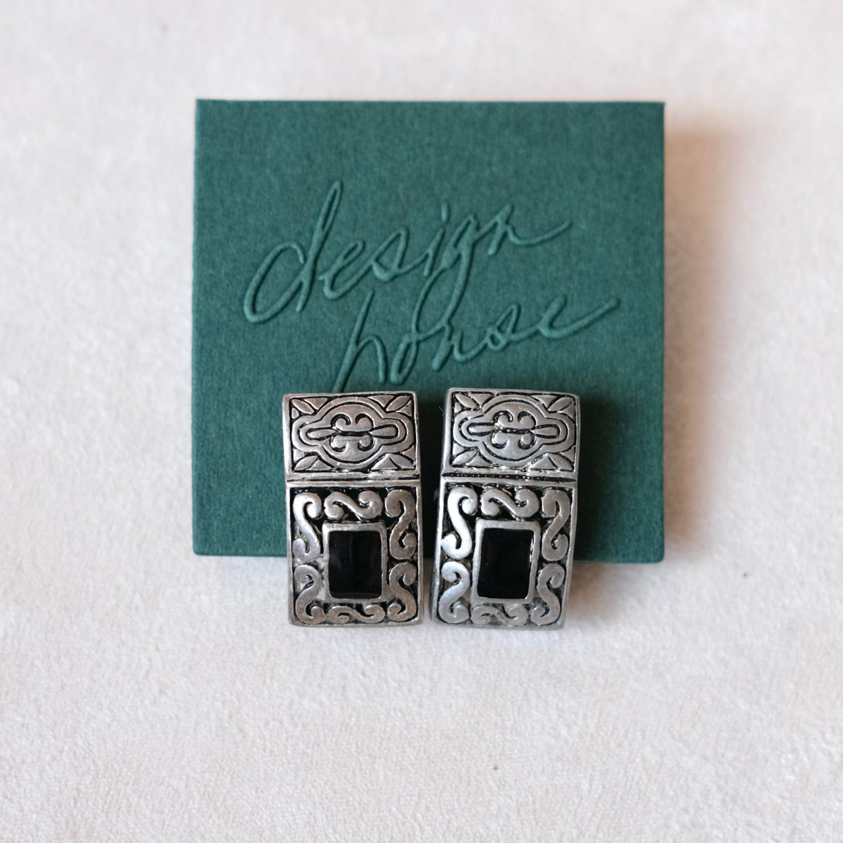 Black Stone Etched Drop Earrings | Vintage