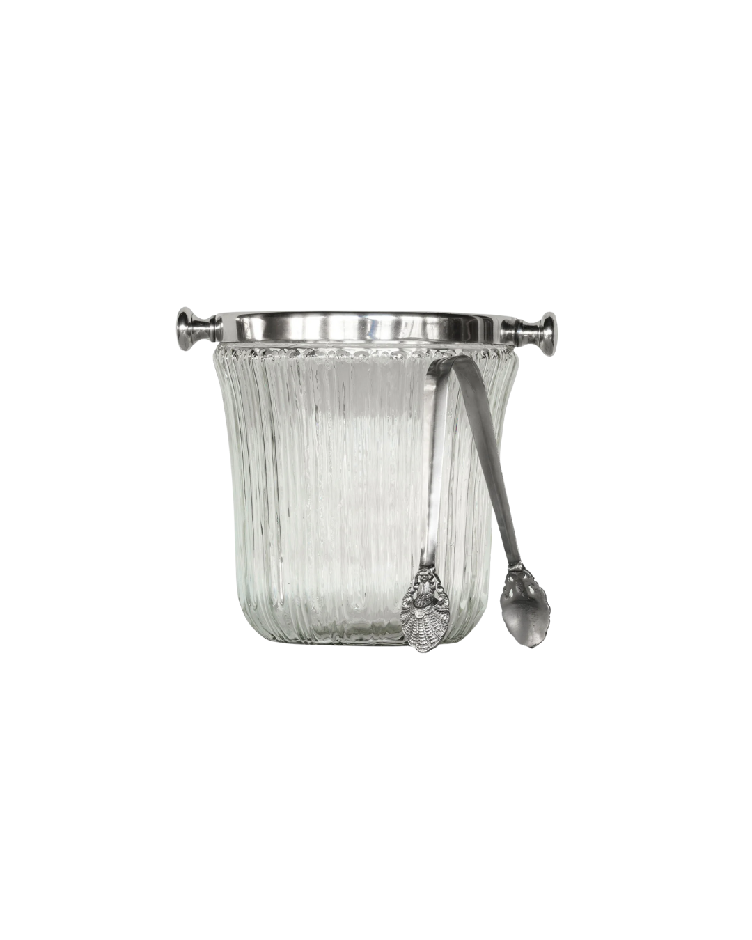 A clear glass ice bucket with antique silver caps on the rim and matching silver ice tongs