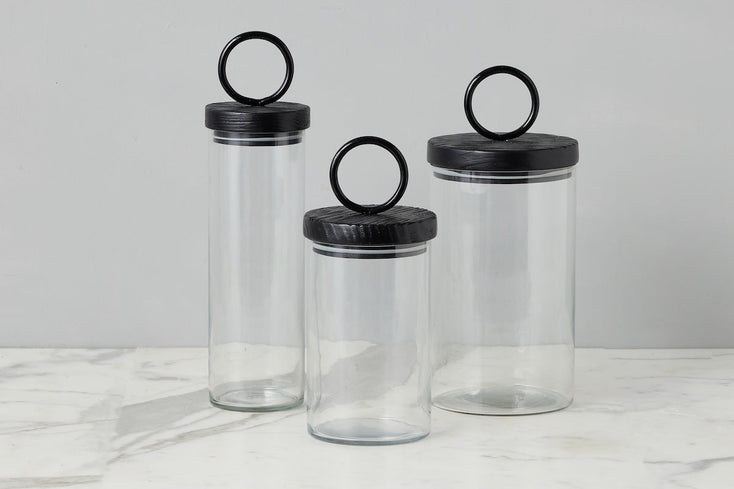 Glass Canister, Black Ring Handle, Set of 3