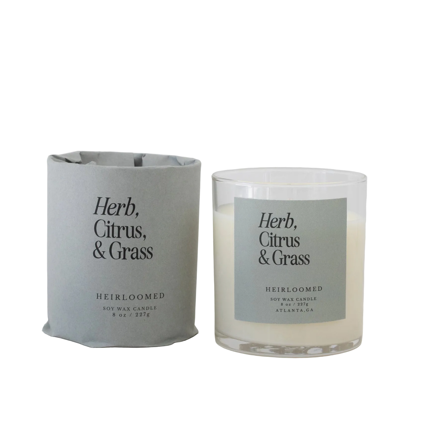 Herb, citrus, and grass scented candle by Heirloomed Candles with fresh, natural fragrance