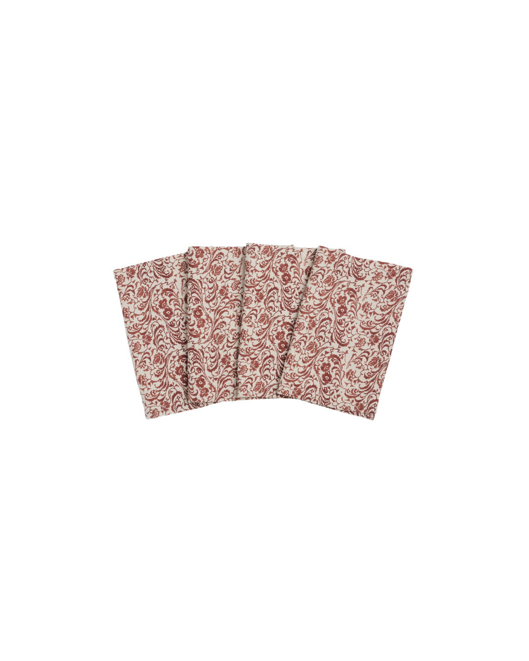 A set of four napkins with a floral pattern in cream and maroon