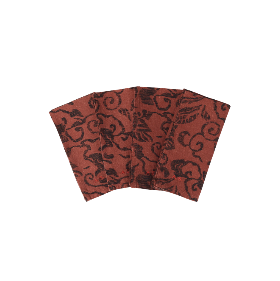 Red fabric with black floral pattern napkin comes in a set of 4