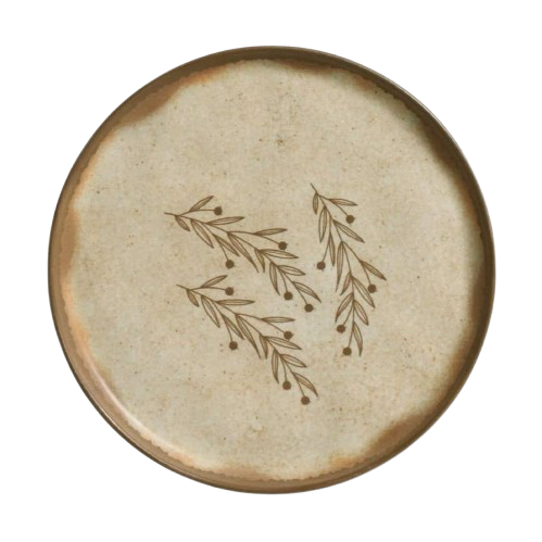 Nativa Dessert Plate is a round ceramic plate with a leaf design on a cream background
