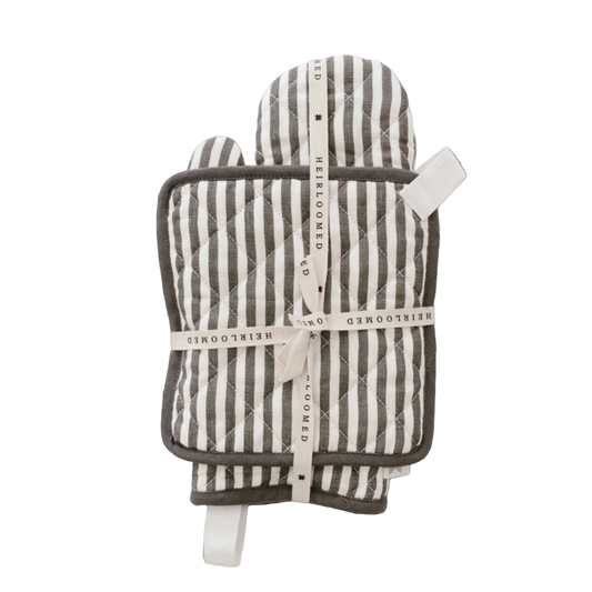 Quilted Linen Oven Mitt + Potholder Set | Pewter