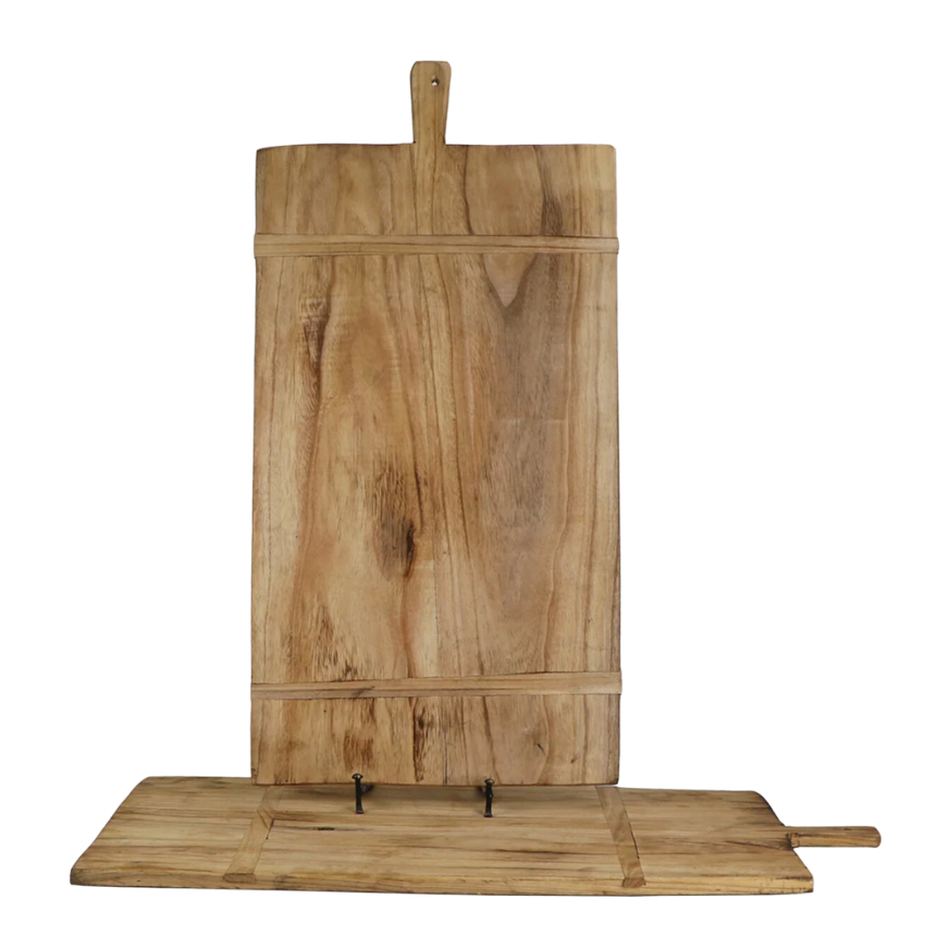 Large wooden cutting breadboard with sourced wood cut designs