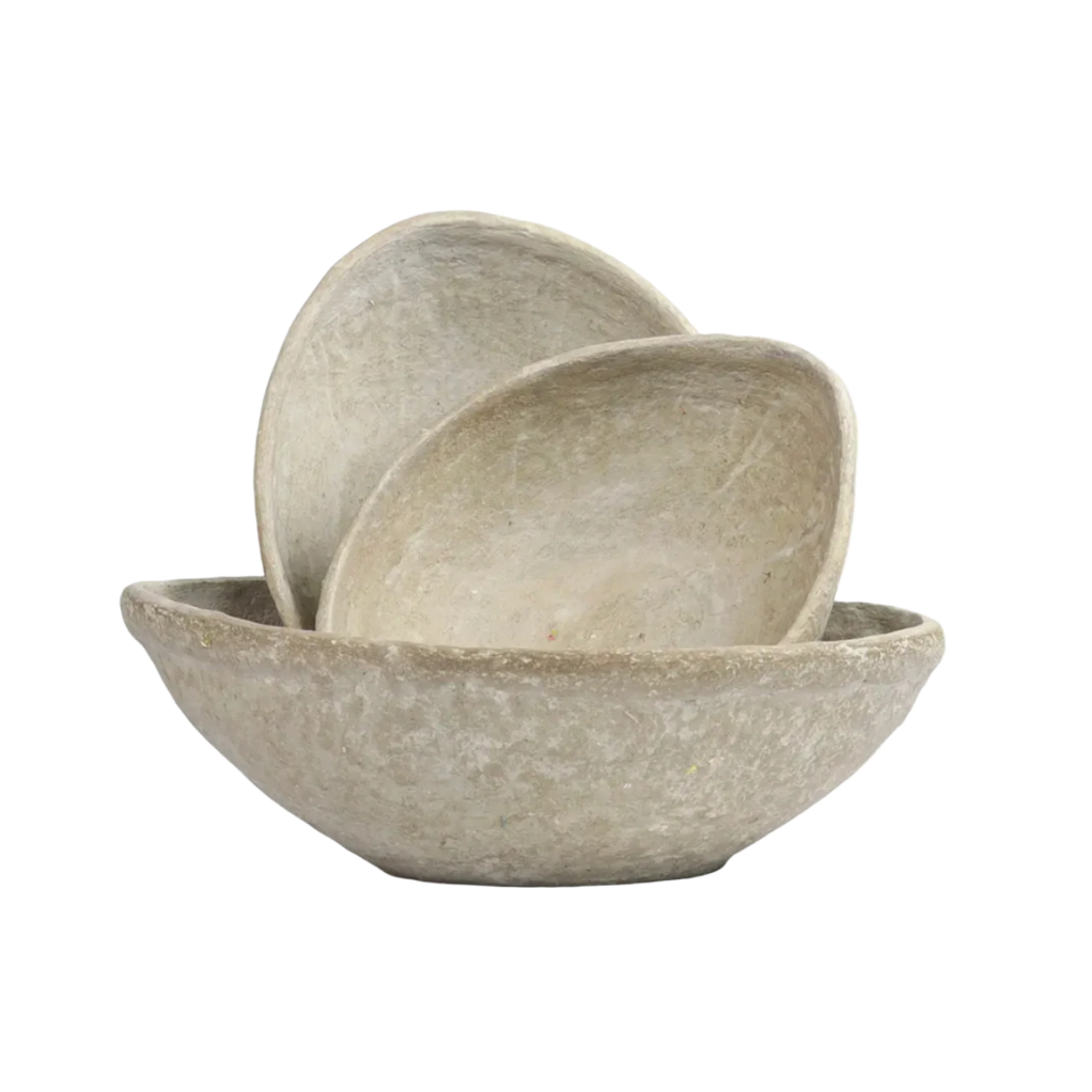 Vintage handmade paper mache bowl with organic texture and neutral tones, styled as a rustic boho decorative centerpiece.