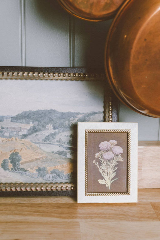 Lilac Dahlia on Brown Framed Antique Art: 7x9
