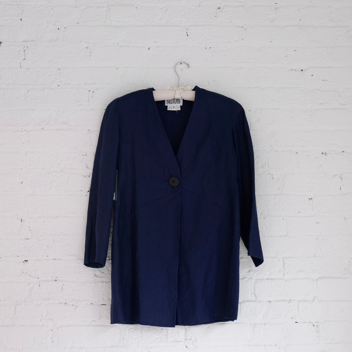 late 1980s bill blass navy linen jacket with single button closure