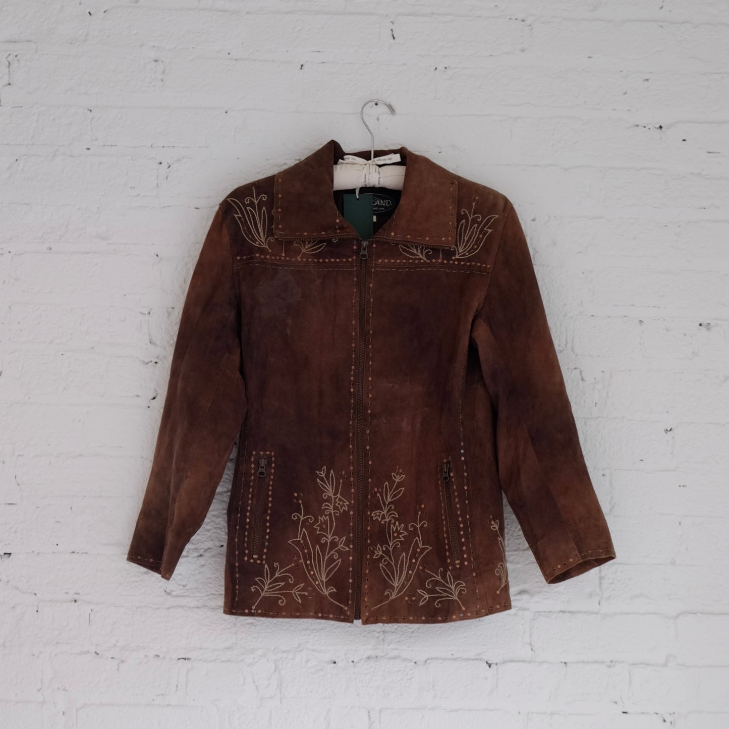 overland vintage early 2000s floral embroidered brown suede jacket