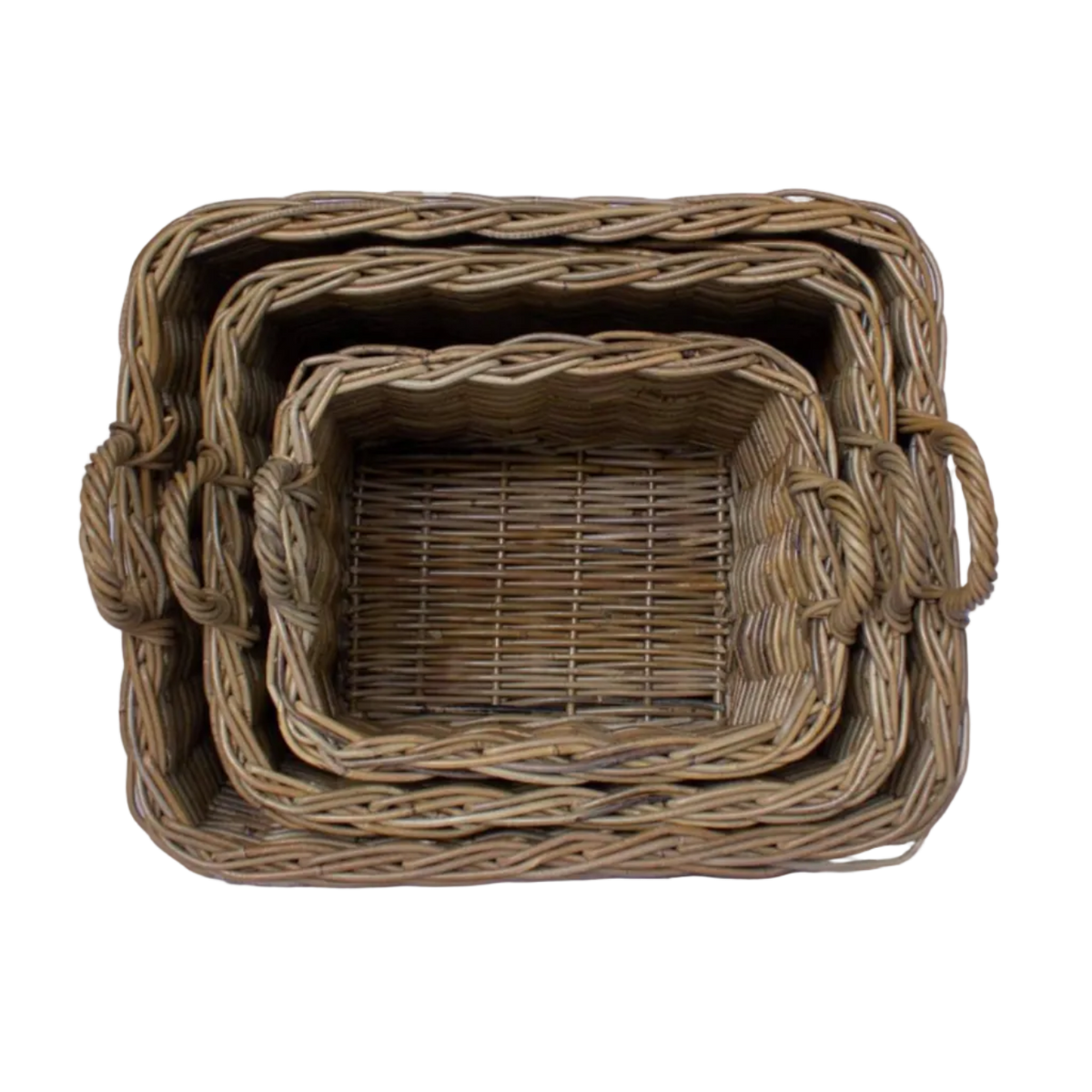 Three nested rectangular wicker baskets with side handles, shown from a top-down view on a plain white background.