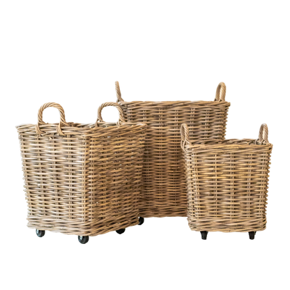 Rattan Square Storage Basket on Wheels: Large