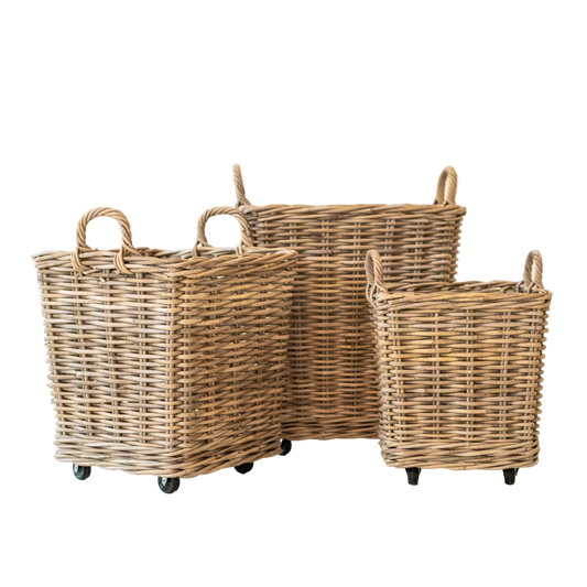 Rattan Square Storage Basket on Wheels: Large