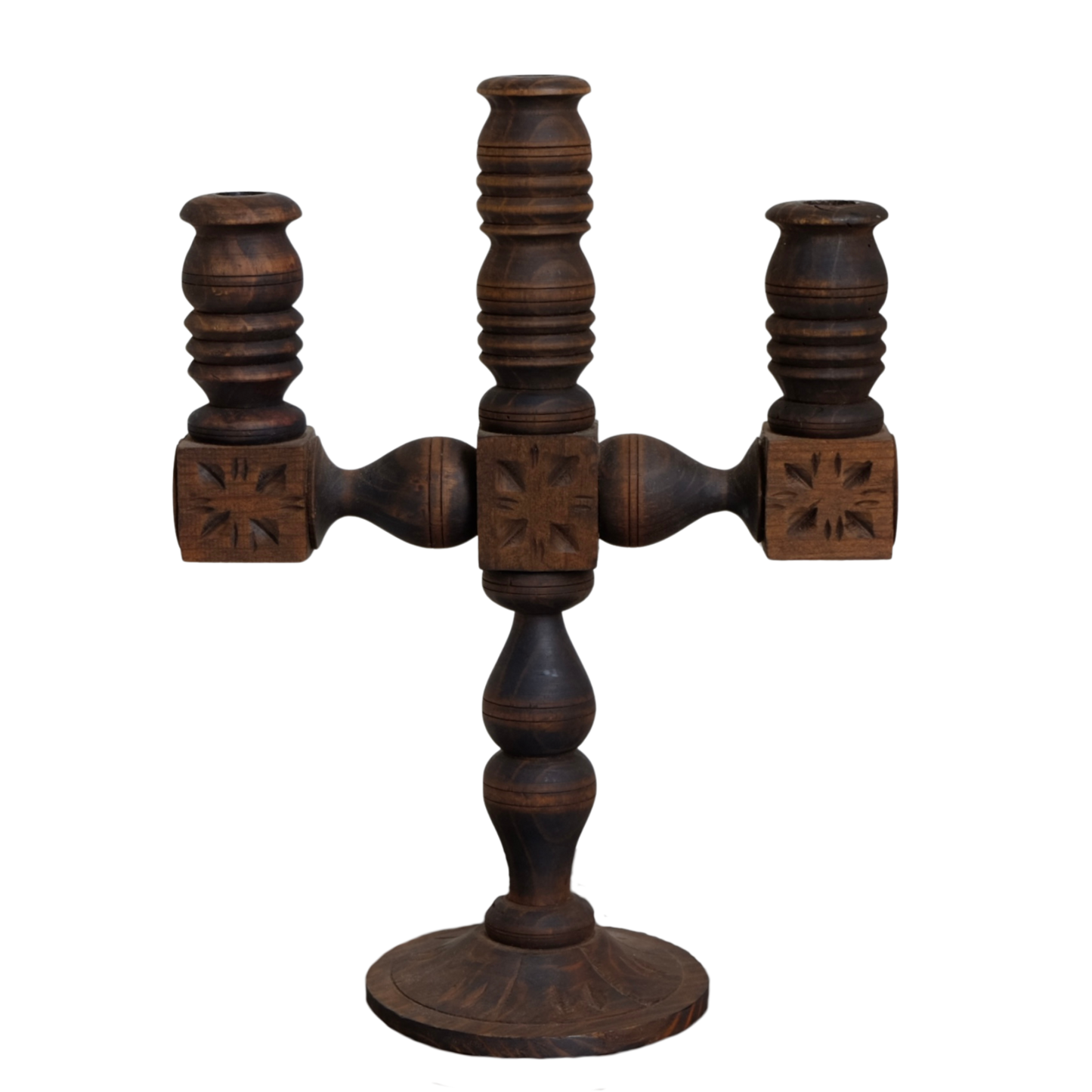 Hand-carved Wooden 3-Armed Candelabra | Vintage