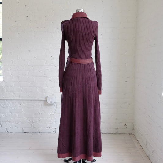 Collared Belted Ribbed Knit Midi Dress