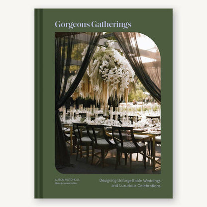 Book cover of 'Gorgeous Gatherings' with a wedding reception image on a green background