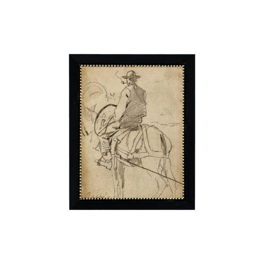 Man Riding a Horse Framed Antique Art: 7x9