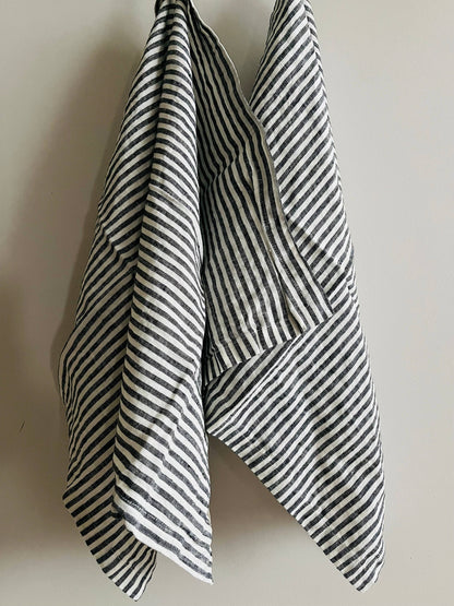 Pure French Linen Tea Towel - Charcoal Pinstripes