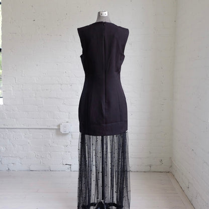 Sheer Pearl Mesh Overlay Maxi Dress
