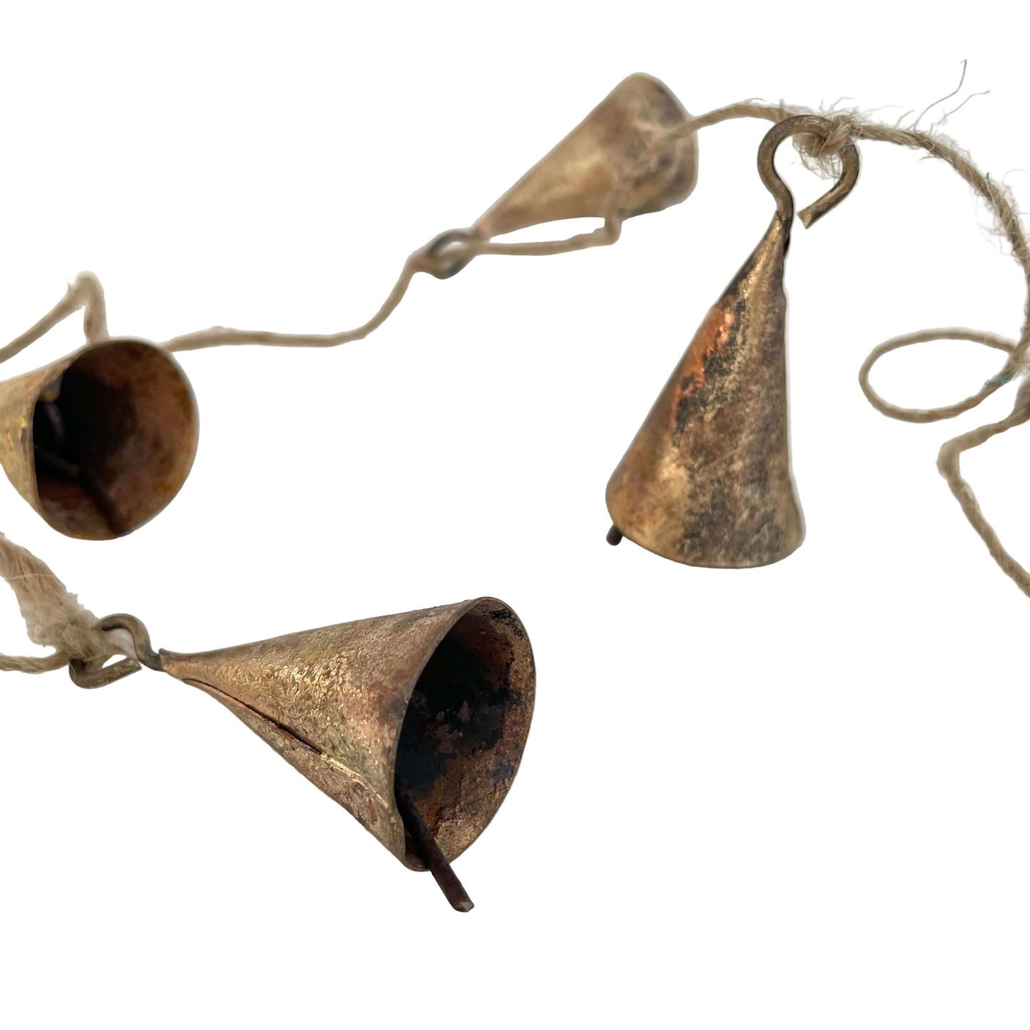 Rustic tin cone shaped brass bell jute holiday garland