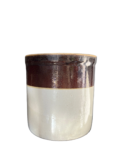 Antique 2 gallon stoneware crock with glazed finish for rustic kitchen décor