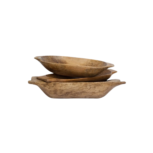 Antique medium oval dough bowl with aged wood patina, styled as a rustic farmhouse centerpiece with timeless vintage character.
