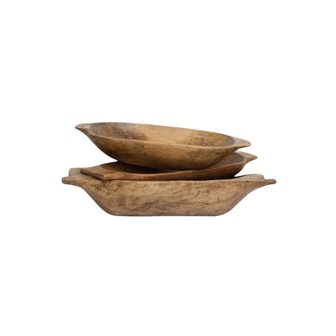 Antique medium oval dough bowl with aged wood patina, styled as a rustic farmhouse centerpiece with timeless vintage character.