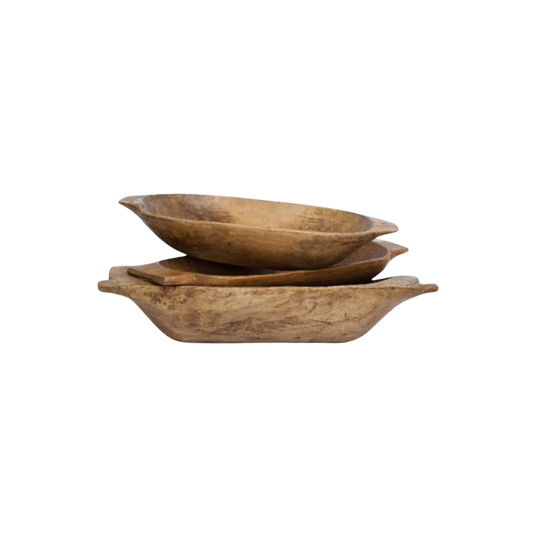 Antique medium oval dough bowl with aged wood patina, styled as a rustic farmhouse centerpiece with timeless vintage character.