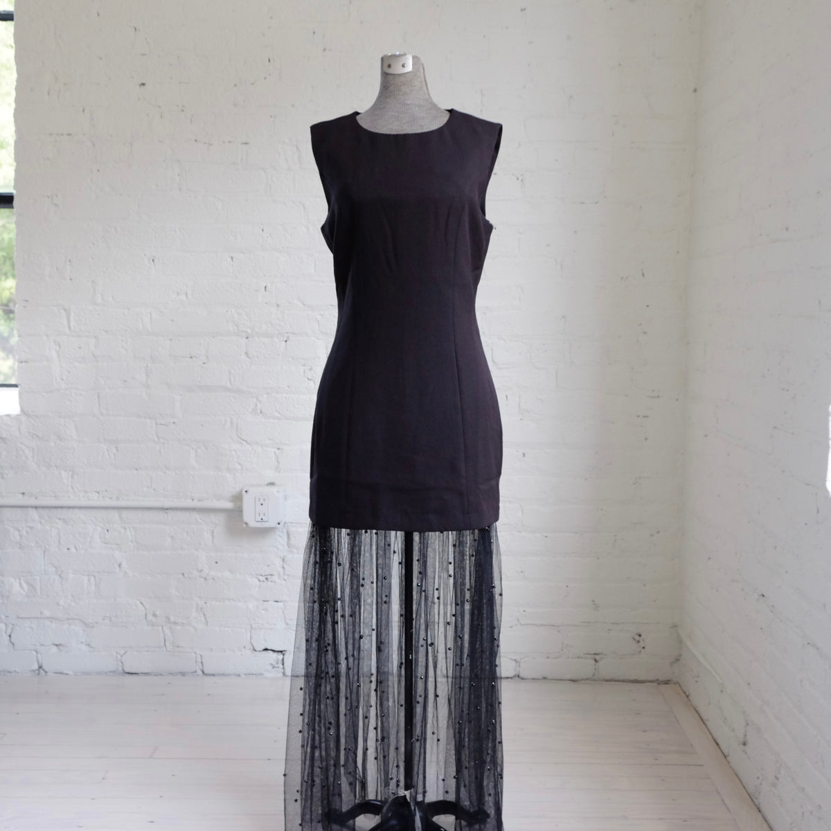 Sheer Pearl Mesh Overlay Maxi Dress