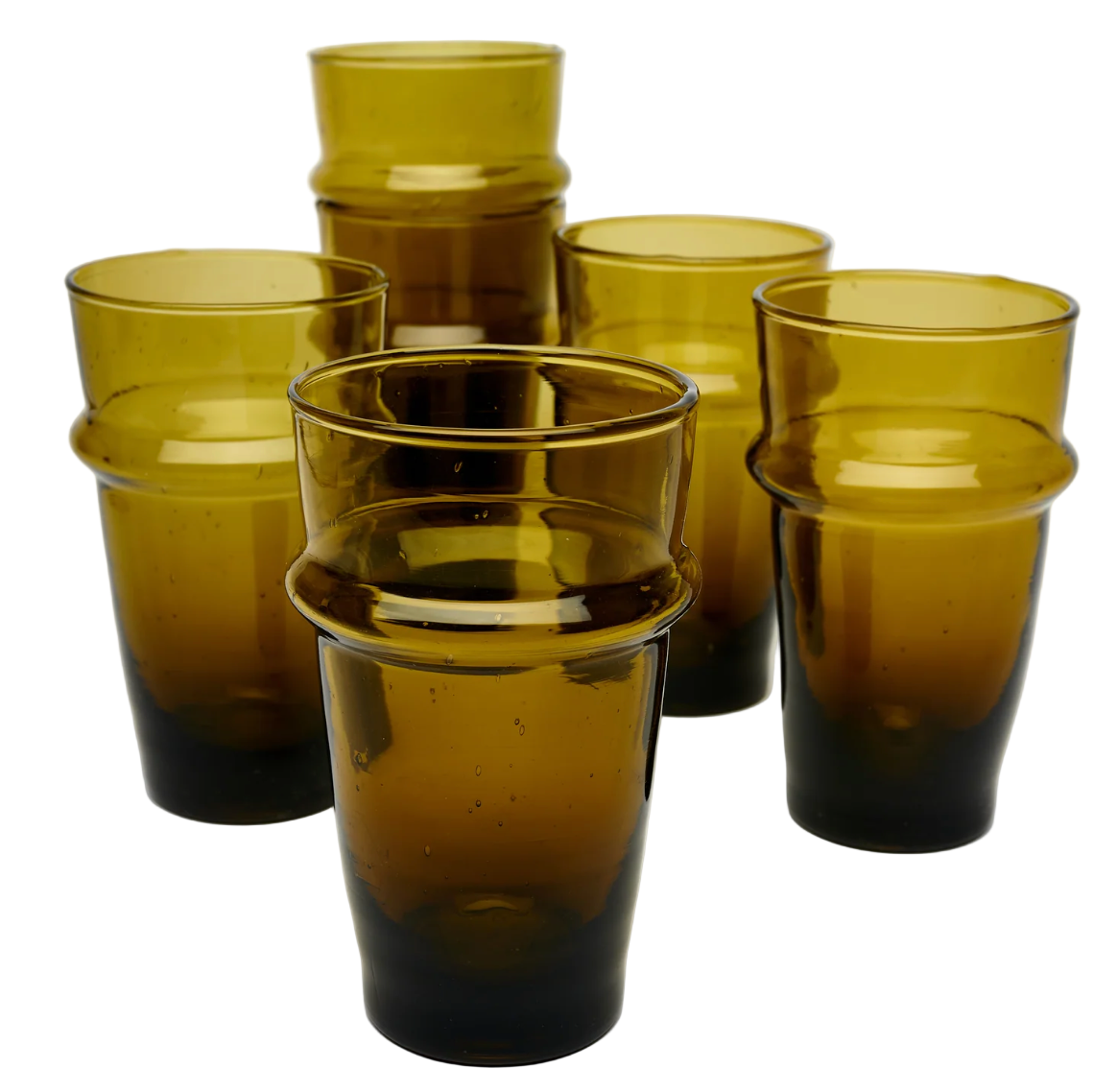 Medium-sized amber-colored glass, easy to stack, versatile for setting.