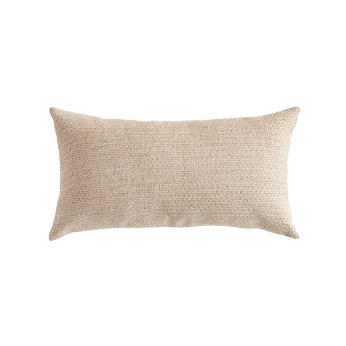 Tan textured lumbar pillow with woven fabric in a neutral indoor-outdoor design.