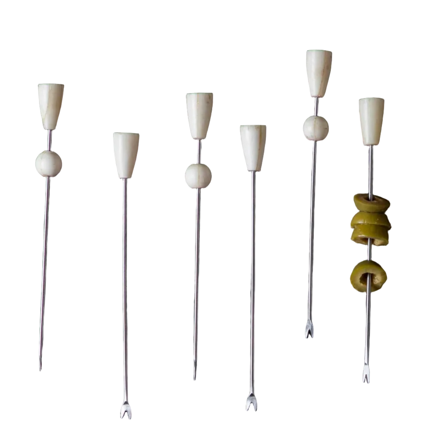 Modern set of six skewers with bone colored ceramic ends and metal tips