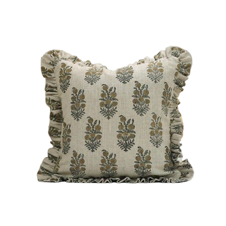 Classic block-printed linen pillow cover with bold hand-printed pattern in neutral tones, perfect for adding artisanal texture to sofas or beds.