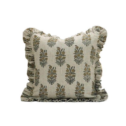 Classic block-printed linen pillow cover with bold hand-printed pattern in neutral tones, perfect for adding artisanal texture to sofas or beds.