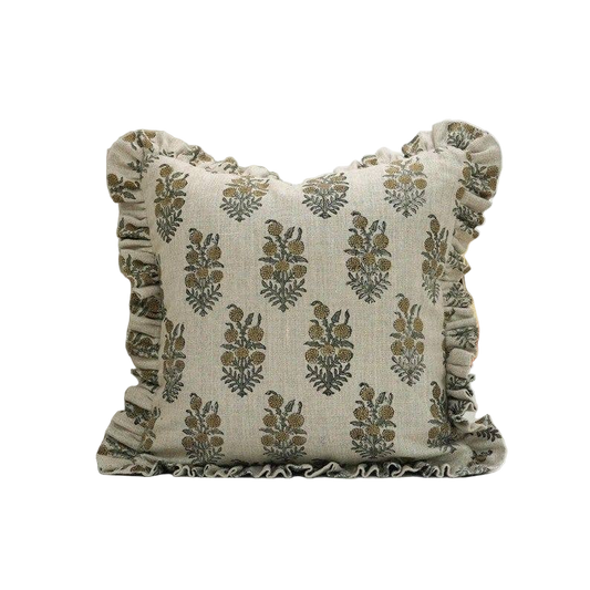 Classic block-printed linen pillow cover with bold hand-printed pattern in neutral tones, perfect for adding artisanal texture to sofas or beds.