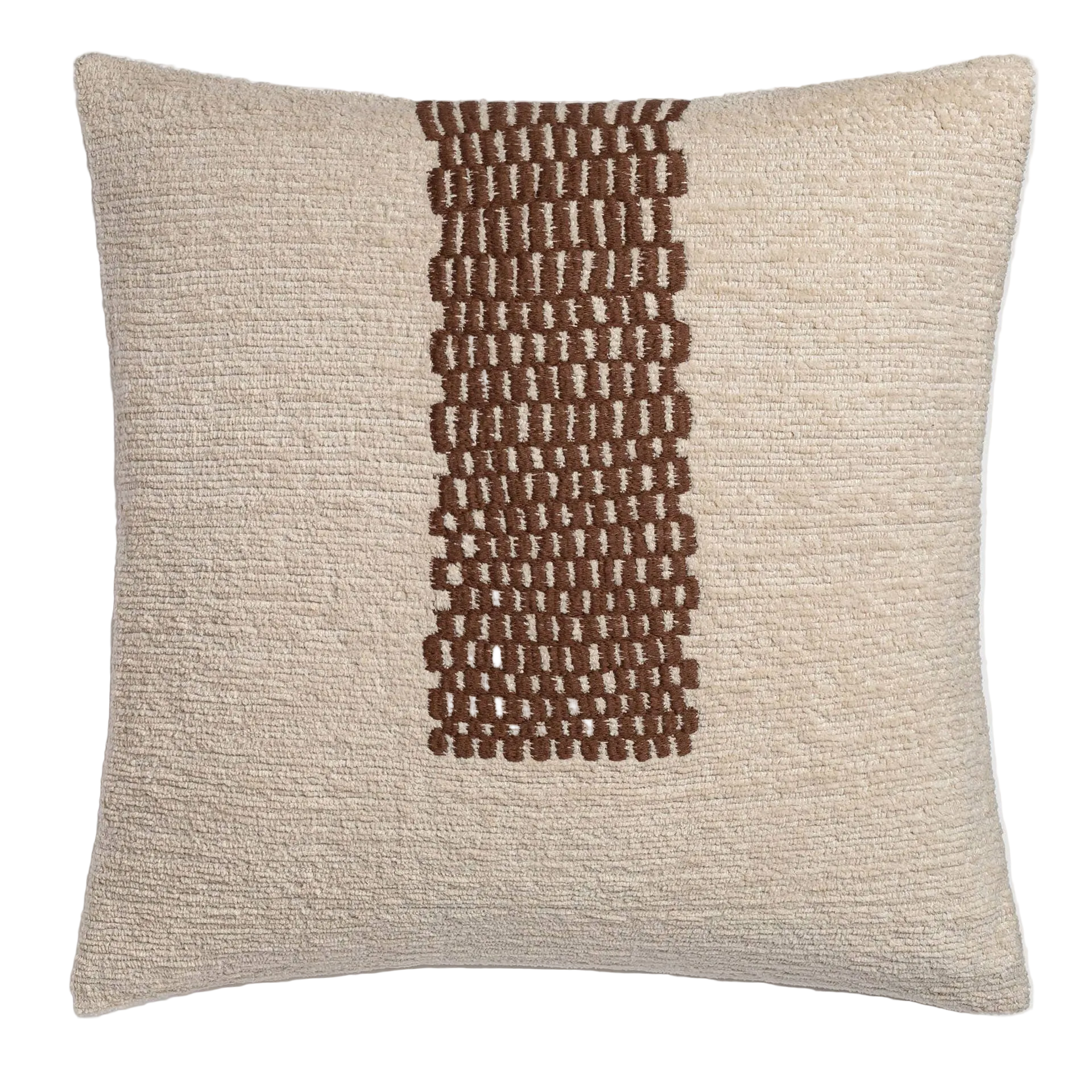 Textured pillow with a brown woven pattern on a light gray background