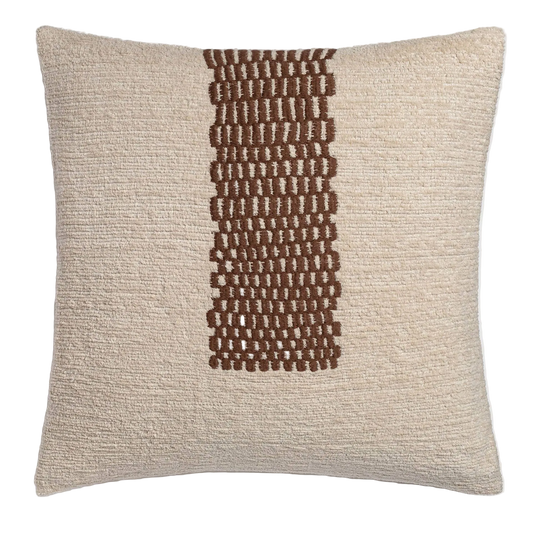 Textured pillow with a brown woven pattern on a light gray background