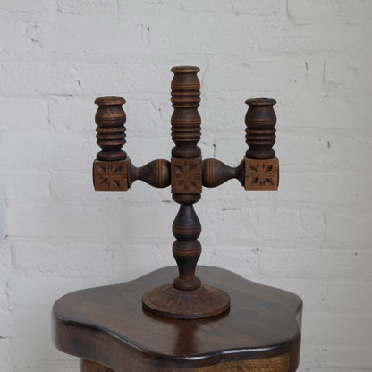 Hand-carved Wooden 3-Armed Candelabra | Vintage