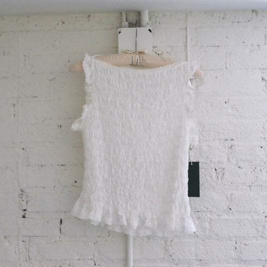 Smocked Lace Trim Sleeveless Top - White
