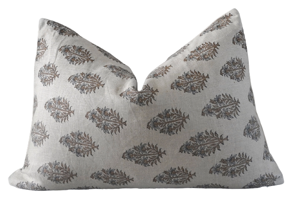 Dola Indian hand block print lumbar pillow cover in linen, featuring traditional geometric motifs and neutral tones, perfect for adding artisanal texture to sofas or beds.