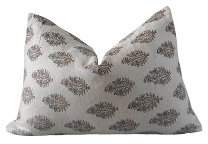 Dola Indian hand block print lumbar pillow cover in linen, featuring traditional geometric motifs and neutral tones, perfect for adding artisanal texture to sofas or beds.