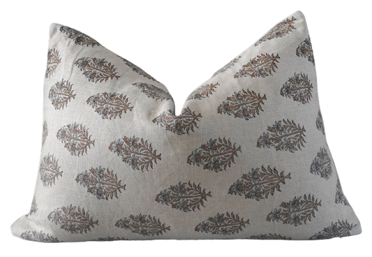 Dola Indian hand block print lumbar pillow cover in linen, featuring traditional geometric motifs and neutral tones, perfect for adding artisanal texture to sofas or beds.