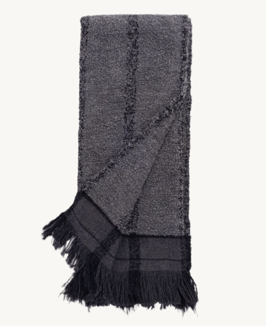 Emely Charcoal Alpaca Throw Blanket in deep charcoal gray with soft brushed texture and fringe edges, perfect for layering on sofas or beds for warmth and style.