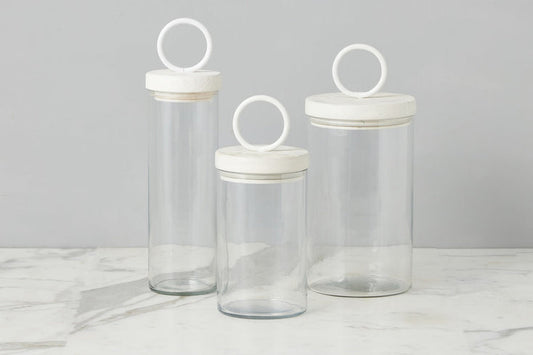 Glass Canister, White Ring Handle, Set of 3
