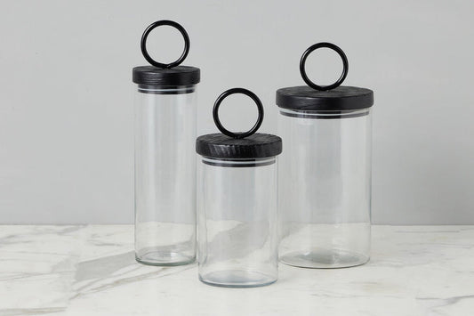 Glass Canister, Black Ring Handle, Set of 3