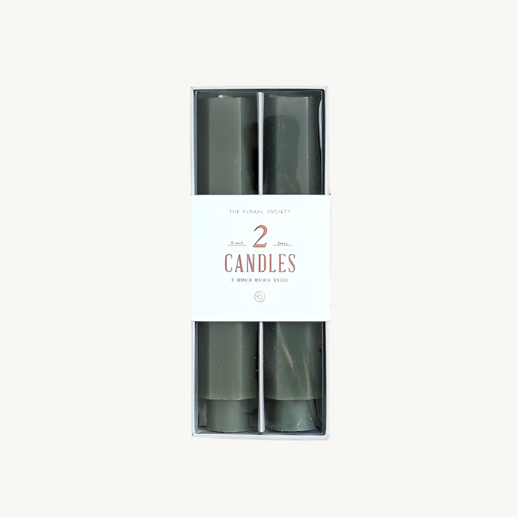 6-inch fancy taper candle in moss green with elegant textured design